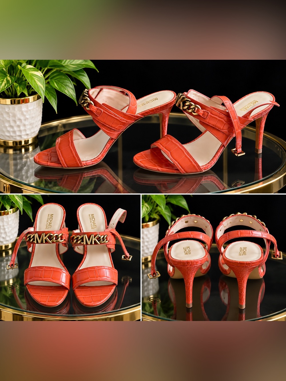 MICHAEL Michael Kors Orange Croc-Embossed Chain-Accent Heeled Sandals